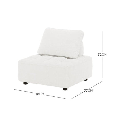 Kazumi 4 Seater Boucle Modular Sofa Set in Cream White features a single-seat, armless module with white sherpa-style upholstery, tufted cushion, and low padded backrest, measuring approximately 78×77×72 cm.
