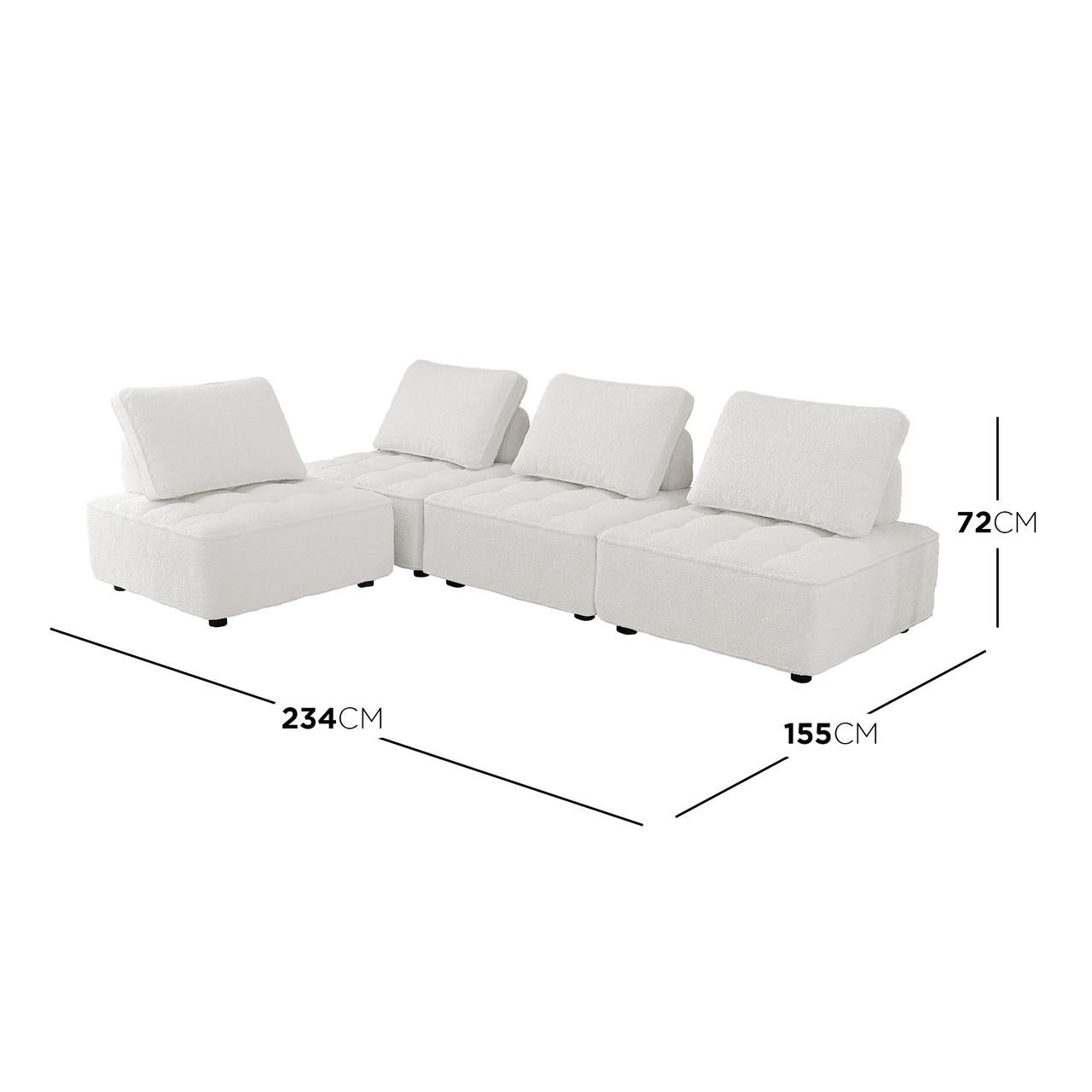 Kazumi 4 Seater Boucle Modular Sofa Set in Cream White features a low-profile, L-shaped design with four modular pieces, detachable back cushions, and compact black feet, perfect for customizable comfort.