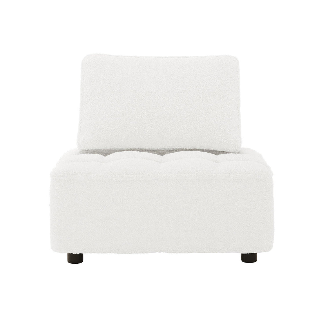 Kazumi Boucle Modular Single Sofa Chair in Cream White, featuring armless design with tufted fabric, low rectangular base, matching back cushion, and small black feet, ideal for modern living spaces.