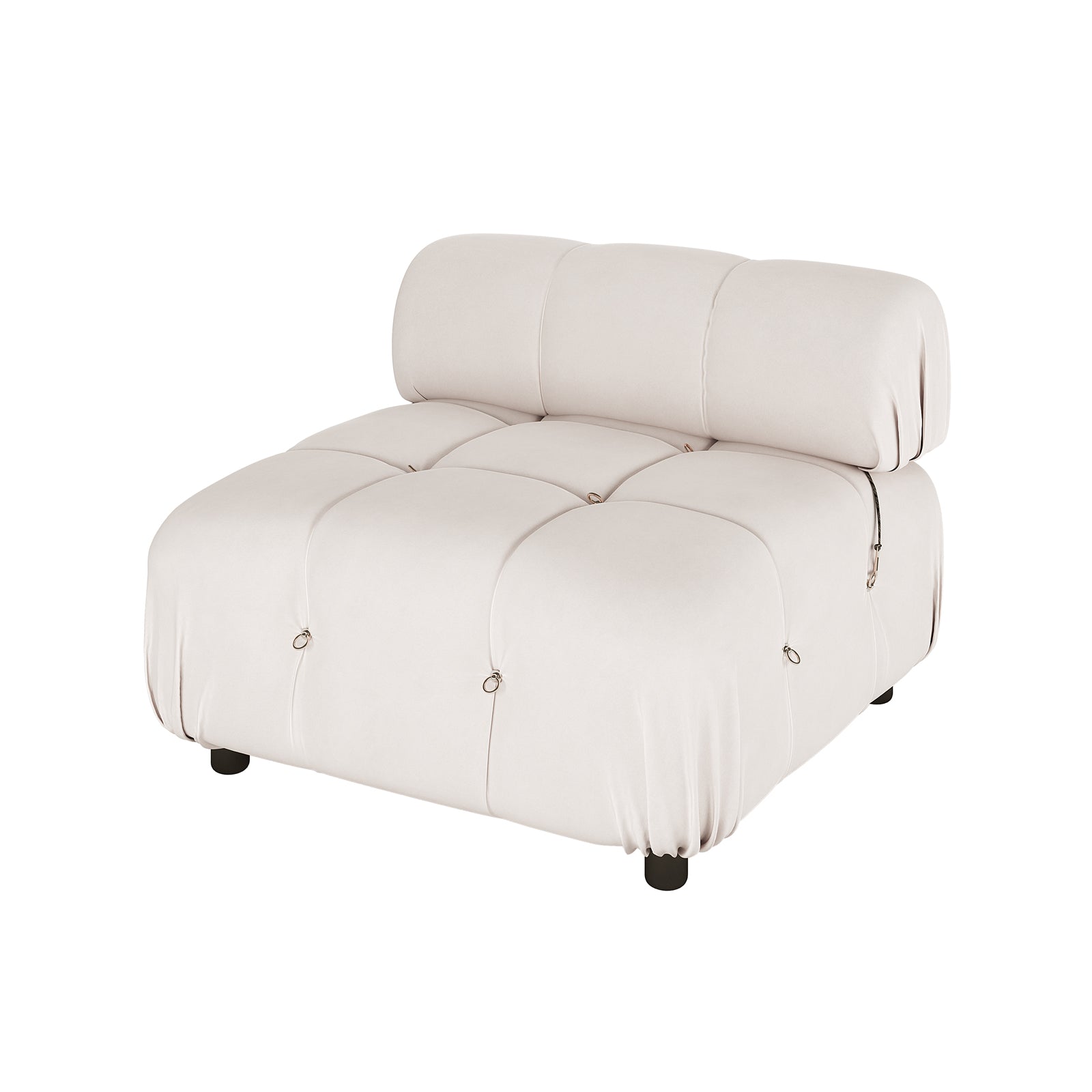 Keila 3 Seater Modular Tufted Sofa with Ottoman in Cream, featuring deeply tufted squares and small metal rings, upholstered in off-white fabric, rests on short black cylindrical legs.