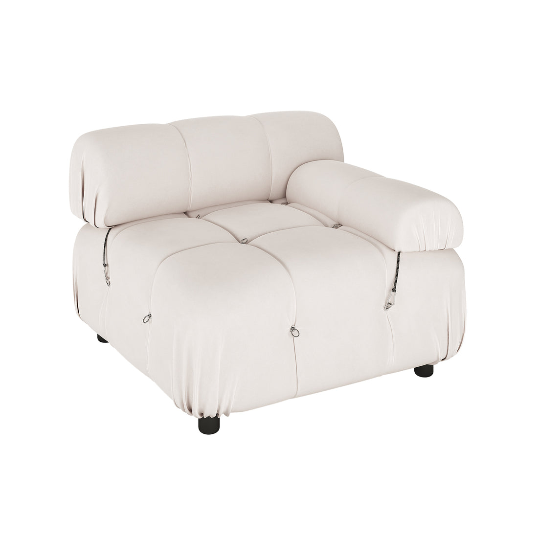 Keila 3 Seater Modular Tufted Sofa with Ottoman in Cream features a heavily cushioned, tufted design, single-seat lounge chair with rounded edges, decorative metal rings, and short black legs.