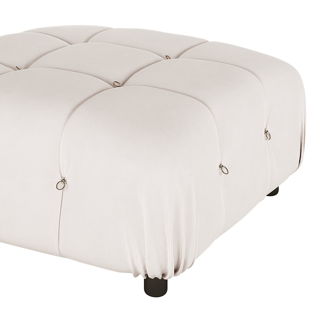 Keila 3 Seater Modular Tufted Sofa with Ottoman in Cream, featuring a square, light-cream upholstered ottoman with a grid-tufted pattern, metal ring accents, and short round legs for modern elegance.
