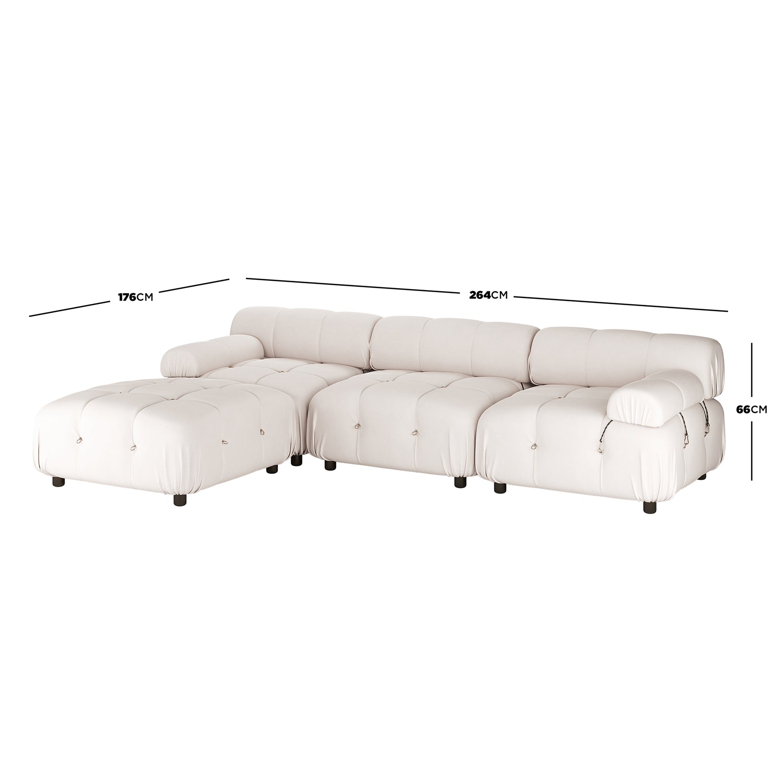 Keila 3 Seater Modular Tufted Sofa with Ottoman in Cream features a low-profile L-shape, tufted cushions, rounded armrests, and dark short cylindrical legs, measuring 264cm by 176cm by 66cm.