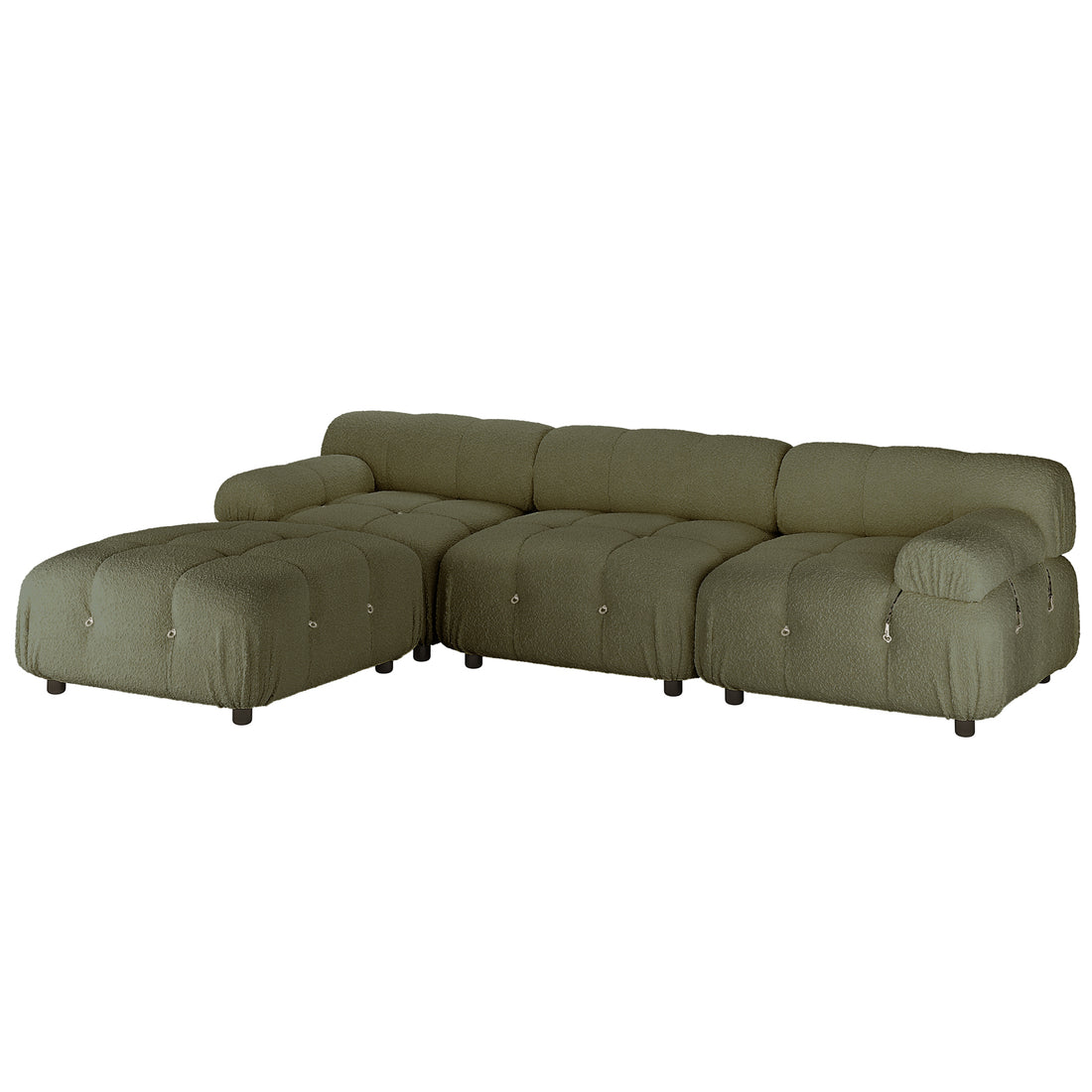 Keila 3 Seater Modular Tufted Boucle Sofa Set in Green, featuring an L-shaped design with button-tufted cushions and cylindrical black legs, offering a plush, modern look with interchangeable ottoman chaise.