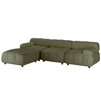 Keila 3 Seater Modular Tufted Boucle Sofa Set in Green, featuring an L-shaped design with button-tufted cushions and cylindrical black legs, offering a plush, modern look with interchangeable ottoman chaise.