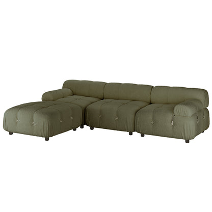 Keila 3 Seater Modular Tufted Boucle Sofa Set in Green, featuring an L-shaped design with button-tufted cushions and cylindrical black legs, offering a plush, modern look with interchangeable ottoman chaise.