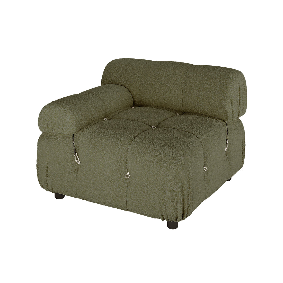 Keila 3 Seater Modular Tufted Boucle Sofa Set in Green, featuring a moss-green, boucle-style fabric with tufted, rounded squares, small metal rings, tie cords, and low black cylindrical feet.