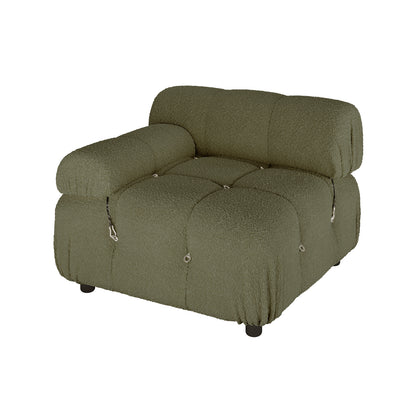 Keila 3 Seater Modular Tufted Boucle Sofa Set in Green, featuring a moss-green, boucle-style fabric with tufted, rounded squares, small metal rings, tie cords, and low black cylindrical feet.