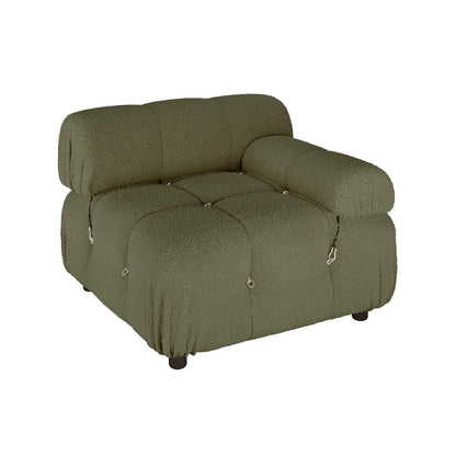 Keila 3 Seater Modular Tufted Boucle Sofa Set in Green, featuring a single-seat module with thick padding, tufted olive-green bouclé fabric, one armrest, and small round feet.