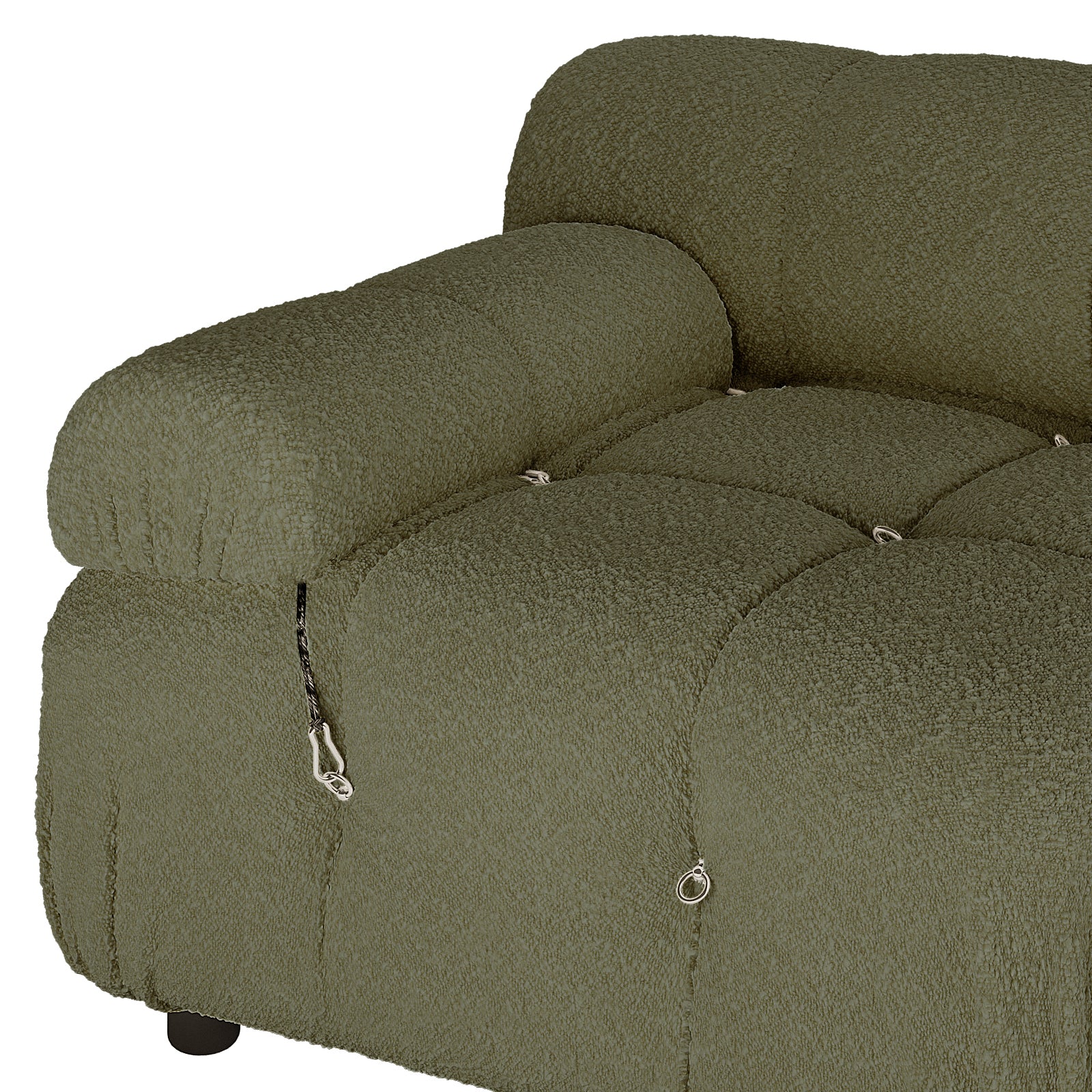Close-up of the Keila 3 Seater Modular Tufted Boucle Sofa Set in Green, highlighting the tufted seat and arm cushions, with visible metal rings and cord loops in the seams.