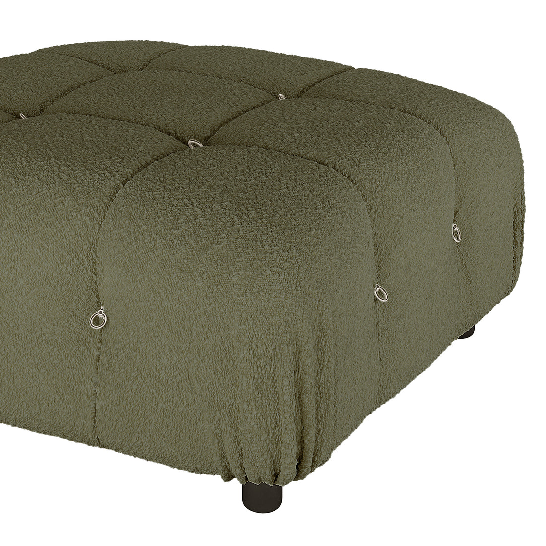 Keila 3 Seater Modular Tufted Boucle Sofa Set in Green, featuring an olive-green, square tufted ottoman with metal ring details and short, dark legs, complementing modern living room decor.