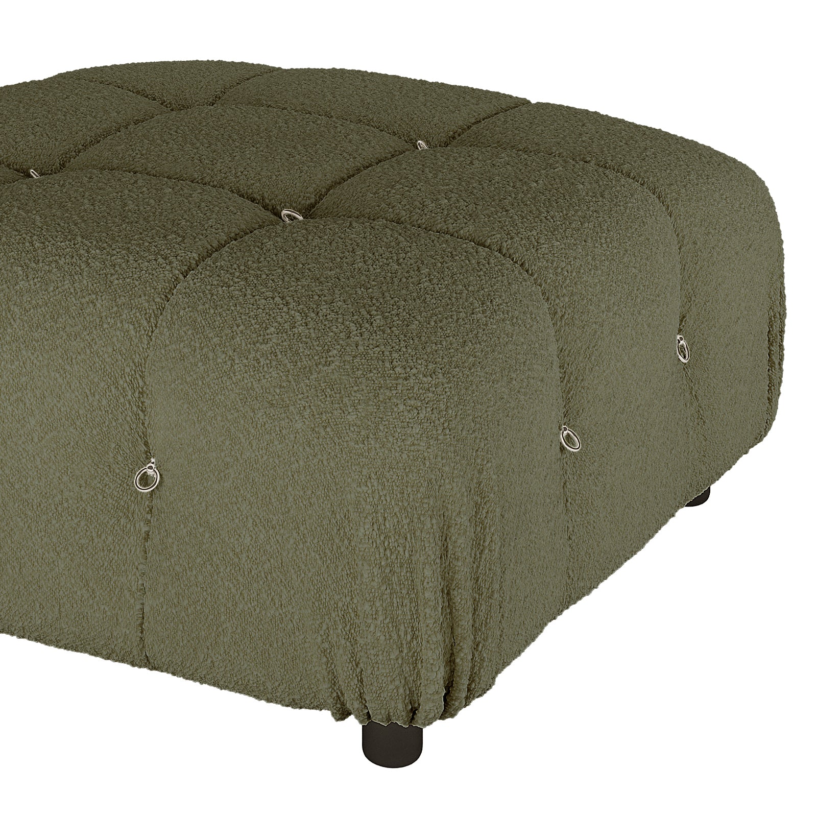 Keila 3 Seater Modular Tufted Boucle Sofa Set in Green, featuring an olive-green, square tufted ottoman with metal ring details and short, dark legs, complementing modern living room decor.