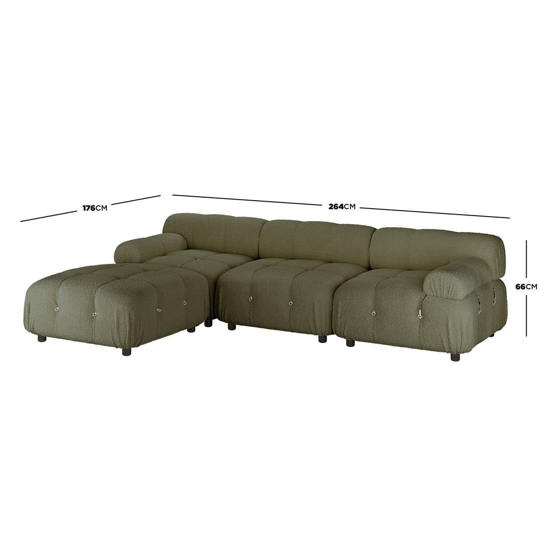 Keila 3 Seater Modular Tufted Boucle Sofa Set in Green, featuring an L-shaped design with a matching ottoman, tufted upholstery, and visible measurement lines indicating dimensions for a modern living space.