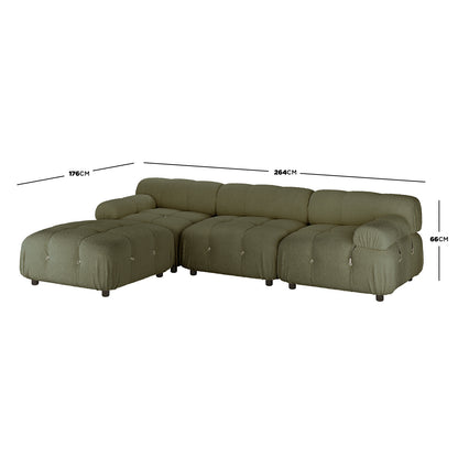 Keila 3 Seater Modular Tufted Boucle Sofa Set in Green, featuring an L-shaped design with a matching ottoman, tufted upholstery, and visible measurement lines indicating dimensions for a modern living space.