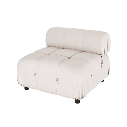 Keila Modular Tufted Single Sofa in Cream Velvet, featuring a deeply tufted seat with six cushions, a round bolster backrest, metal ring accents, and short black cylindrical feet for a modern look.