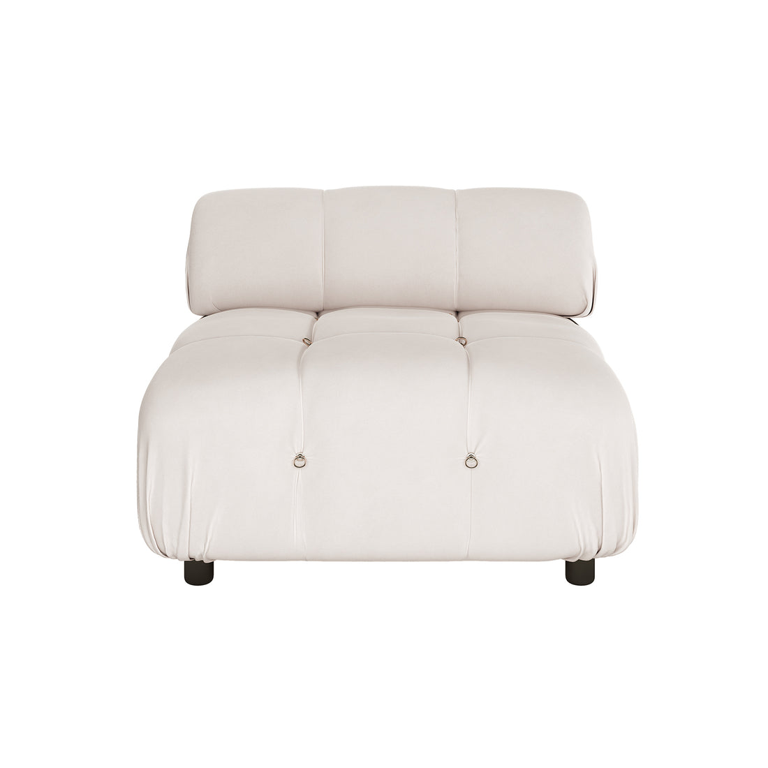 Keila Modular Tufted Single Sofa in Cream Velvet, featuring a low-profile, armless design with tufted, padded seat and back, decorative ring-style buttons, and short dark legs, ideal for modern living spaces.