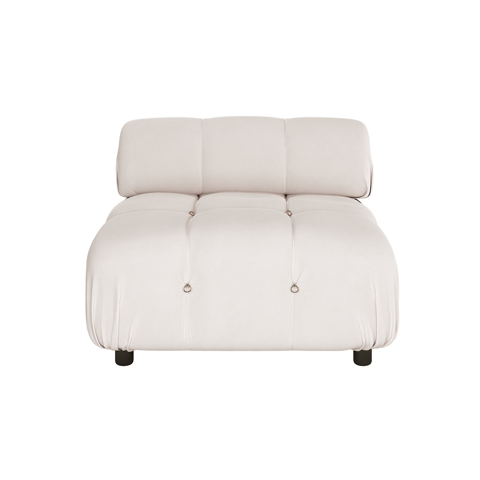 Keila Modular Tufted Single Sofa in Cream Velvet, featuring a low-profile, armless design with tufted, padded seat and back, decorative ring-style buttons, and short dark legs, ideal for modern living spaces.
