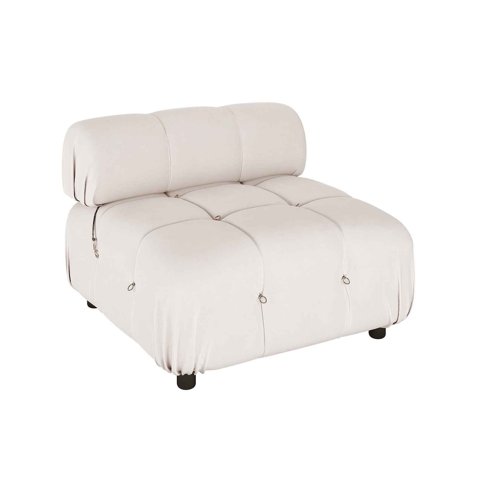 Keila Modular Tufted Single Sofa in Cream Velvet, featuring a grid-patterned, heavily tufted design with metal-secured tufts. The armless lounge chair rests on short black legs, offering a plush contemporary look.