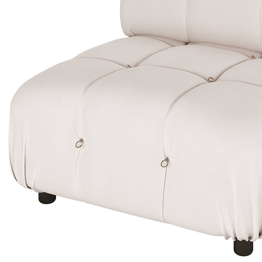Keila Modular Tufted Single Sofa in Cream Velvet featuring quilt-style squares with metal ring tufts and short dark legs, showcasing its plush, elegant design suitable for modern living spaces.