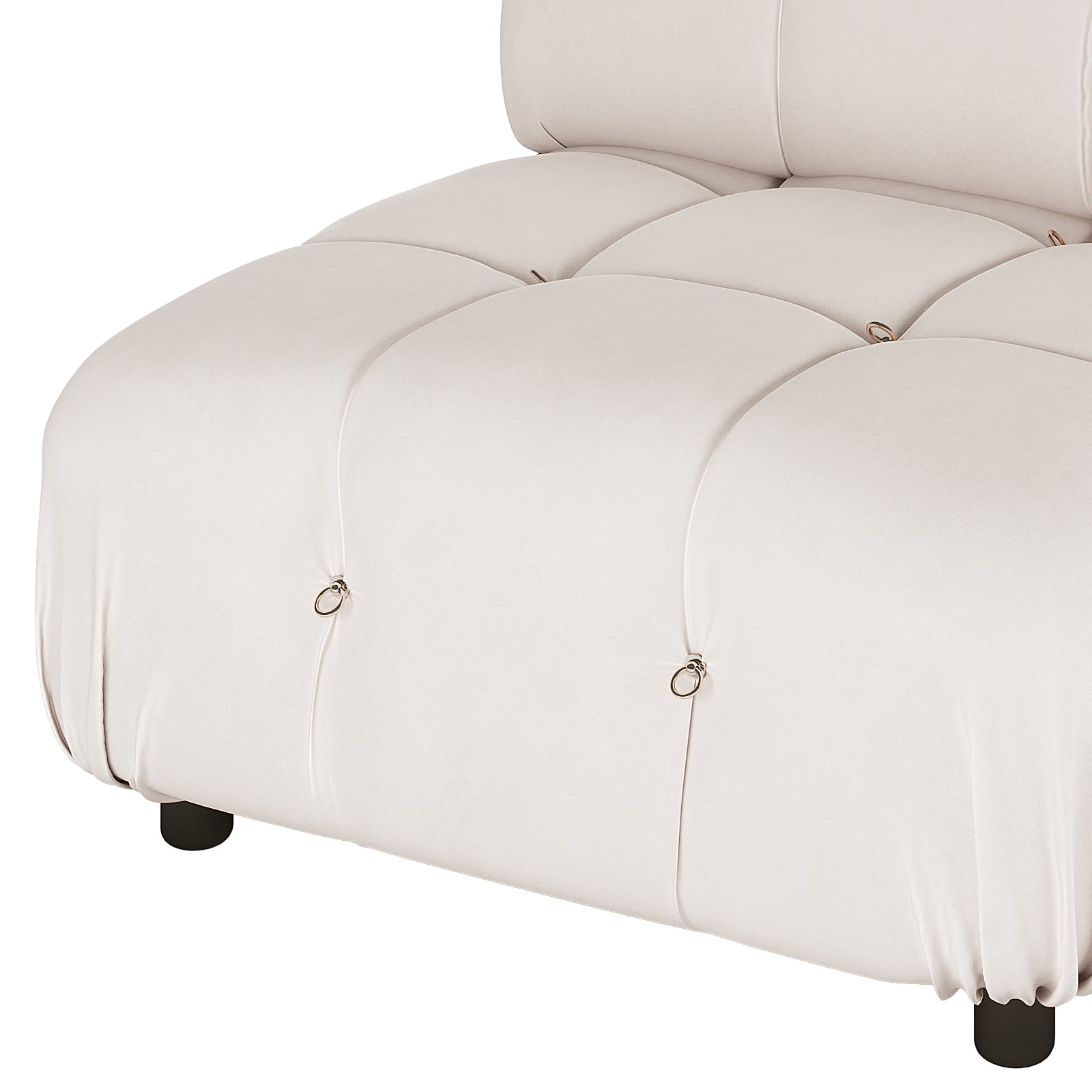 Keila Modular Tufted Single Sofa in Cream Velvet featuring quilt-style squares with metal ring tufts and short dark legs, showcasing its plush, elegant design suitable for modern living spaces.