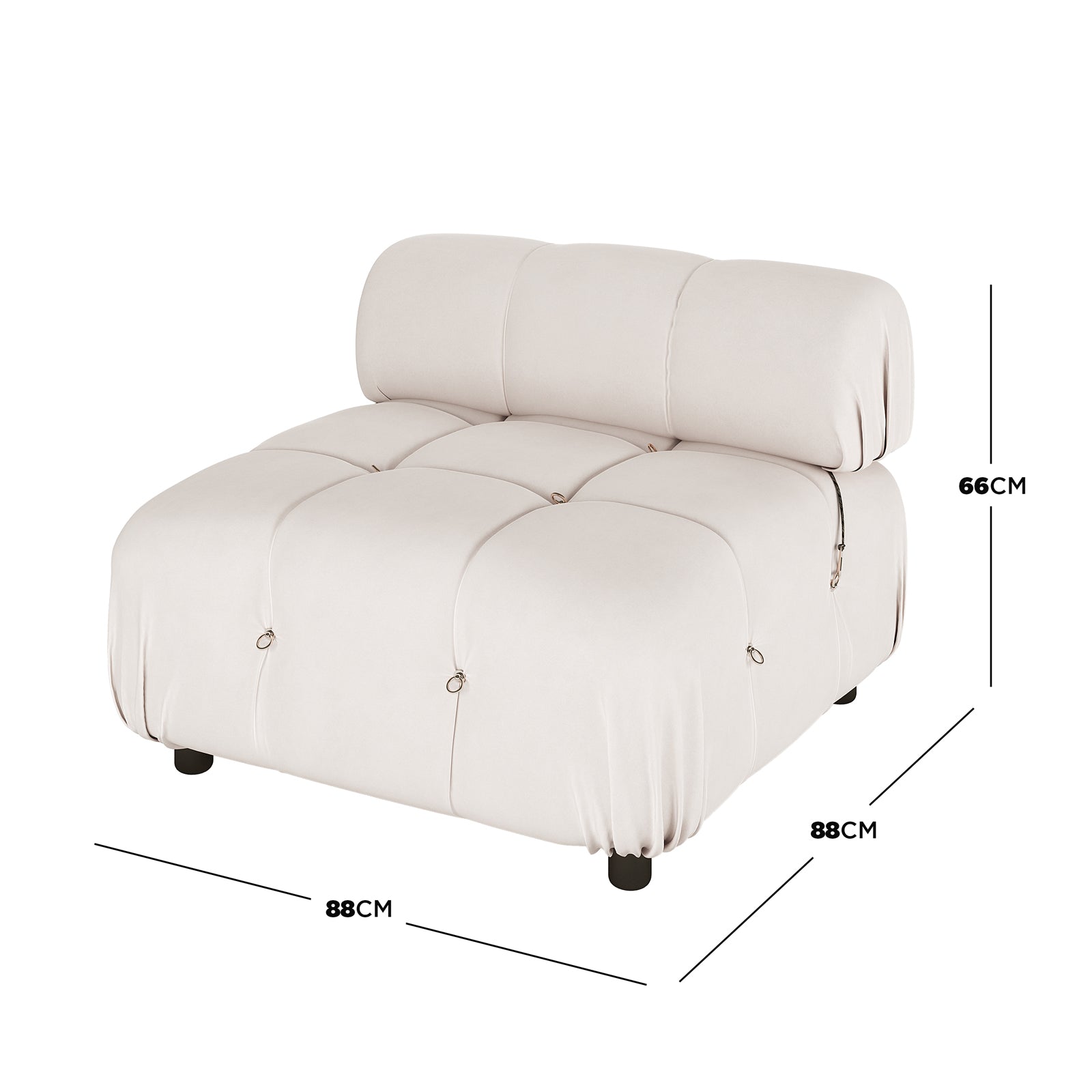 Keila Modular Tufted Single Sofa in Cream Velvet, featuring off-white upholstery, deep tufted cushion with metal rings, low backrest, and short black feet, measuring 88x88x66 cm.