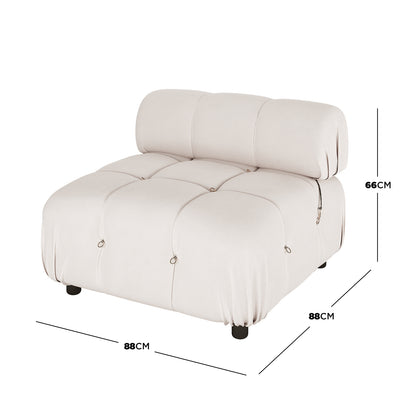 Keila Modular Tufted Single Sofa in Cream Velvet, featuring off-white upholstery, deep tufted cushion with metal rings, low backrest, and short black feet, measuring 88x88x66 cm.