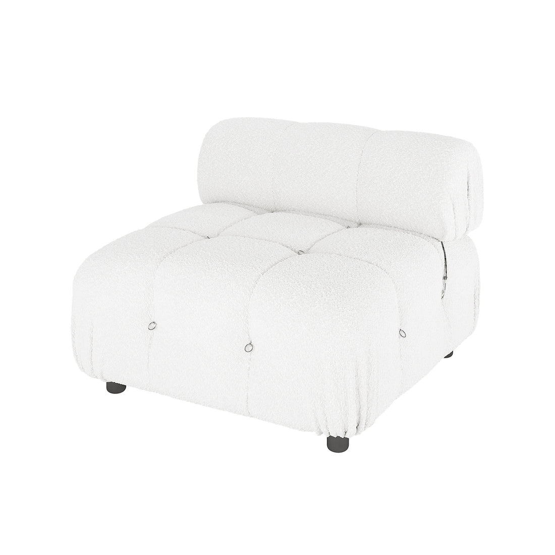 Keila Modular Tufted Boucle Single Sofa in Cream White, featuring tufted cushions with metal rings and a cylindrical backrest, upholstered in soft boucle fabric, supported by short black feet.