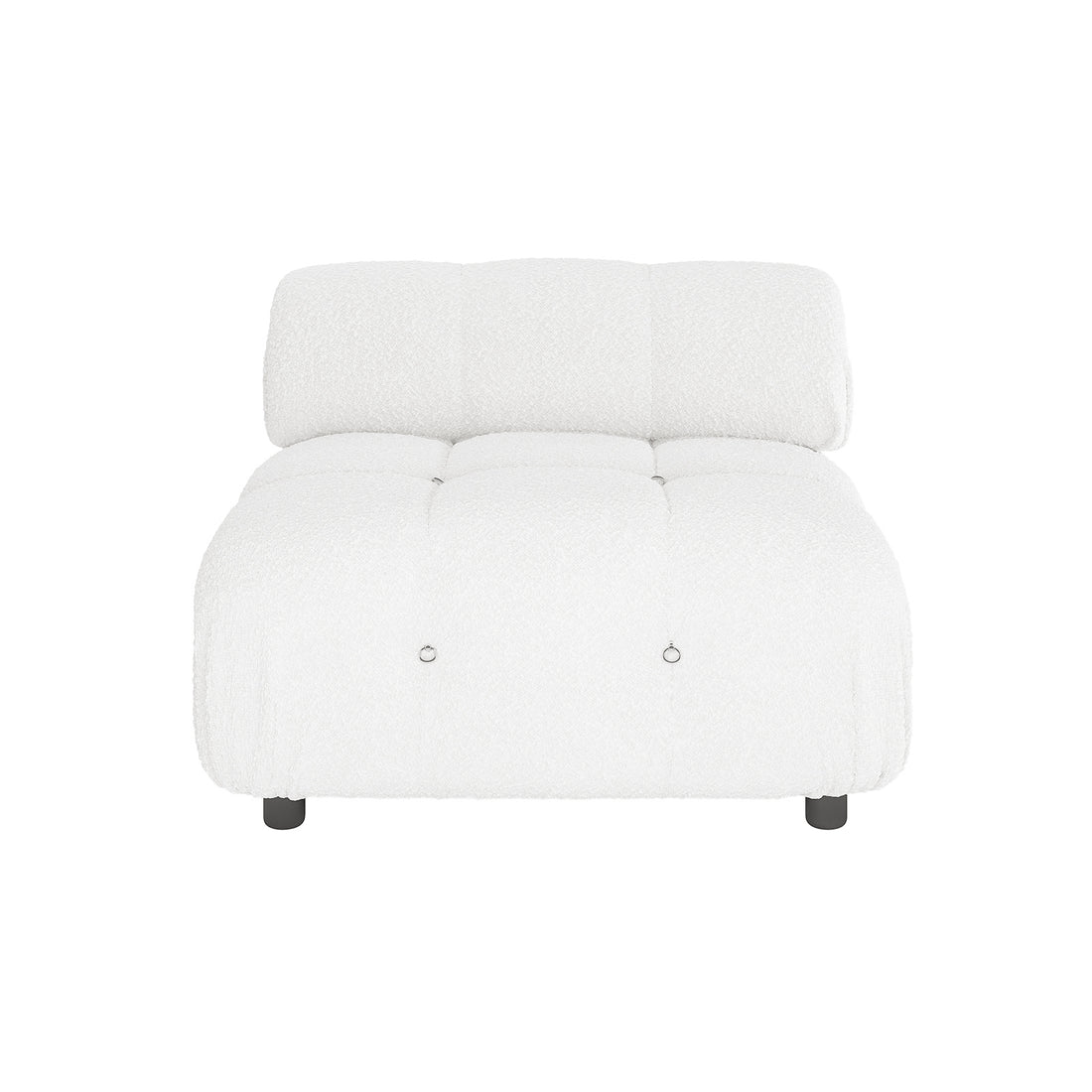 Keila Modular Tufted Boucle Single Sofa in Cream White, featuring deep, pillowy tufts with small metal ring pulls, upholstered in luxurious bouclé fabric, supported by short cylindrical black legs.