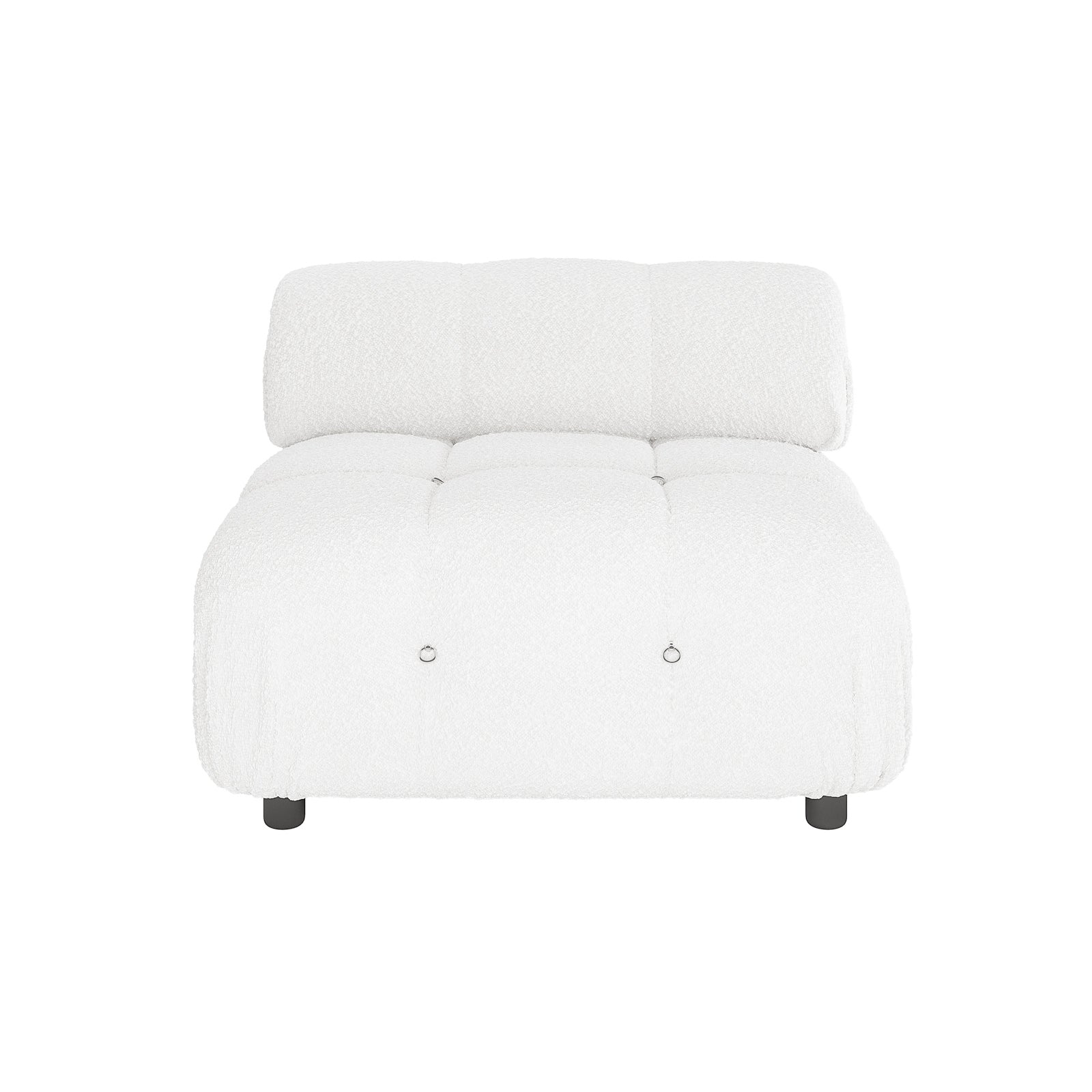 Keila Modular Tufted Boucle Single Sofa in Cream White, featuring deep, pillowy tufts with small metal ring pulls, upholstered in luxurious bouclé fabric, supported by short cylindrical black legs.