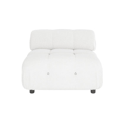 Keila Modular Tufted Boucle Single Sofa in Cream White, featuring deep, pillowy tufts with small metal ring pulls, upholstered in luxurious bouclé fabric, supported by short cylindrical black legs.