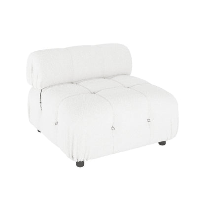 Keila Modular Tufted Boucle Single Sofa in Cream White, featuring a low-profile design with textured fabric, large quilted cushions secured by metal rings, and short black feet for modern elegance.