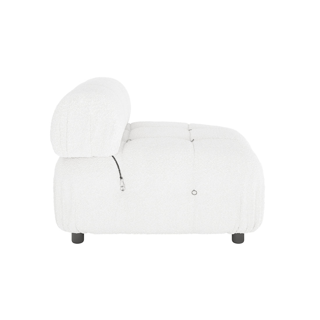 Keila Modular Tufted Boucle Single Sofa in Cream White, featuring a textured fabric, deep square tufting, one-arm design, low curved backrest, and short black legs with linking loops.