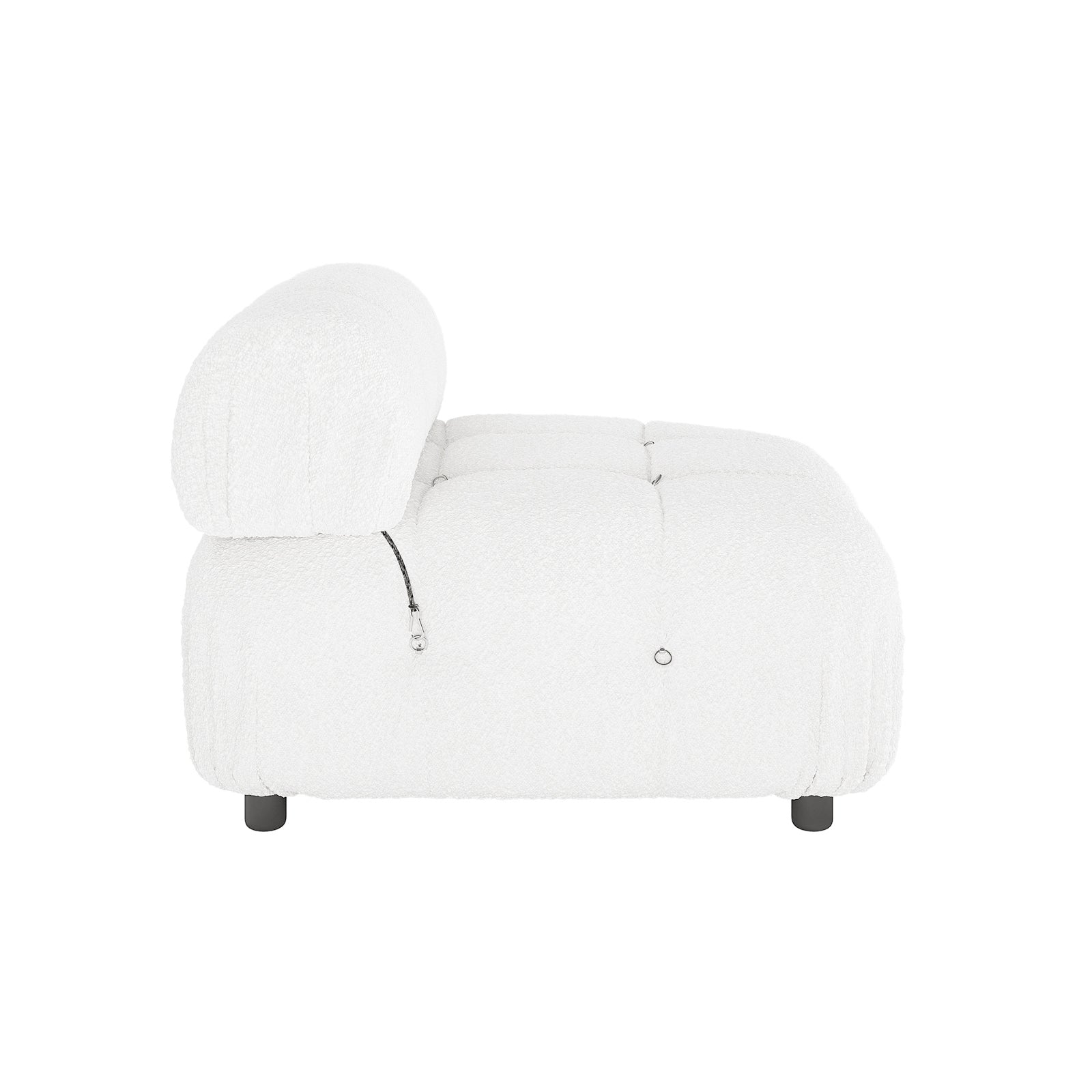 Keila Modular Tufted Boucle Single Sofa in Cream White, featuring a textured fabric, deep square tufting, one-arm design, low curved backrest, and short black legs with linking loops.