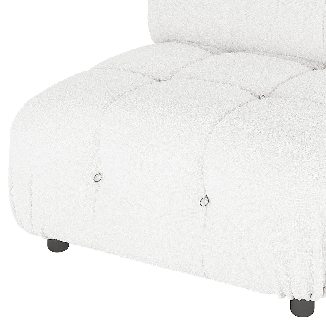 Keila Modular Tufted Boucle Single Sofa in Cream White featuring deep square tufting with metal ring pulls and round black feet, showcasing its stylish boucle-style fabric and modular, versatile design.