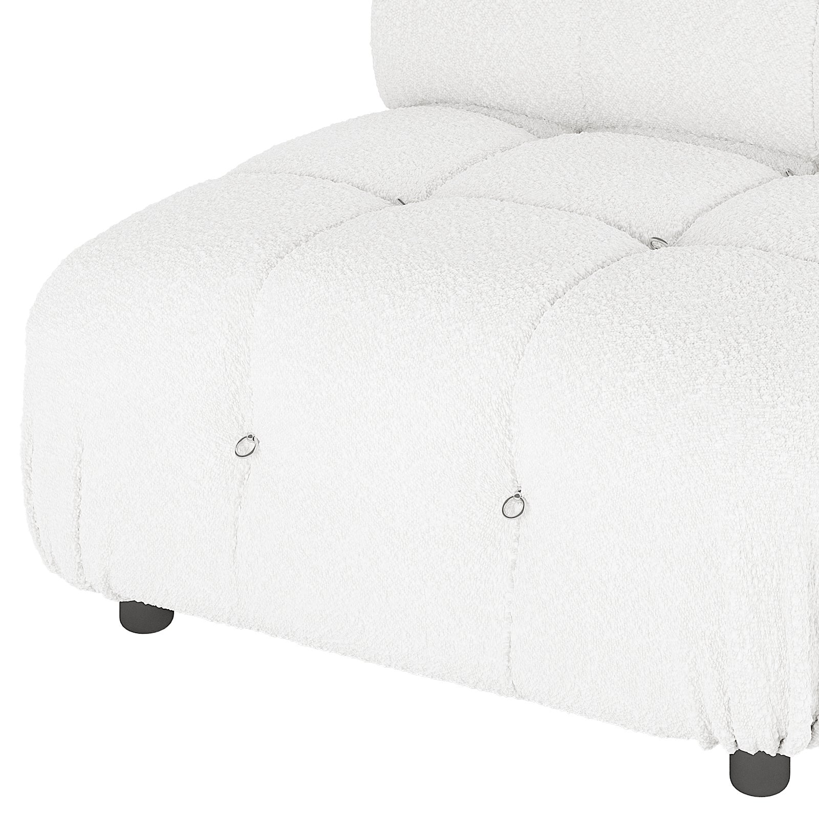 Keila Modular Tufted Boucle Single Sofa in Cream White featuring deep square tufting with metal ring pulls and round black feet, showcasing its stylish boucle-style fabric and modular, versatile design.