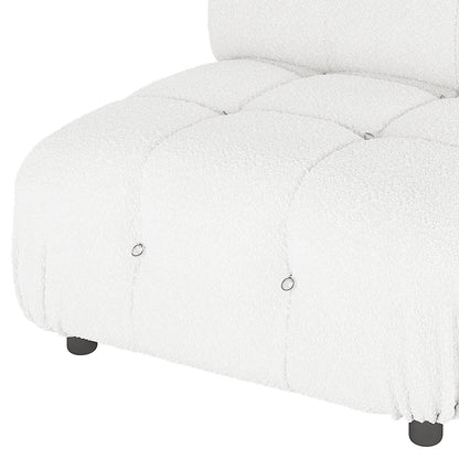 Keila Modular Tufted Boucle Single Sofa in Cream White featuring deep square tufting with metal ring pulls and round black feet, showcasing its stylish boucle-style fabric and modular, versatile design.