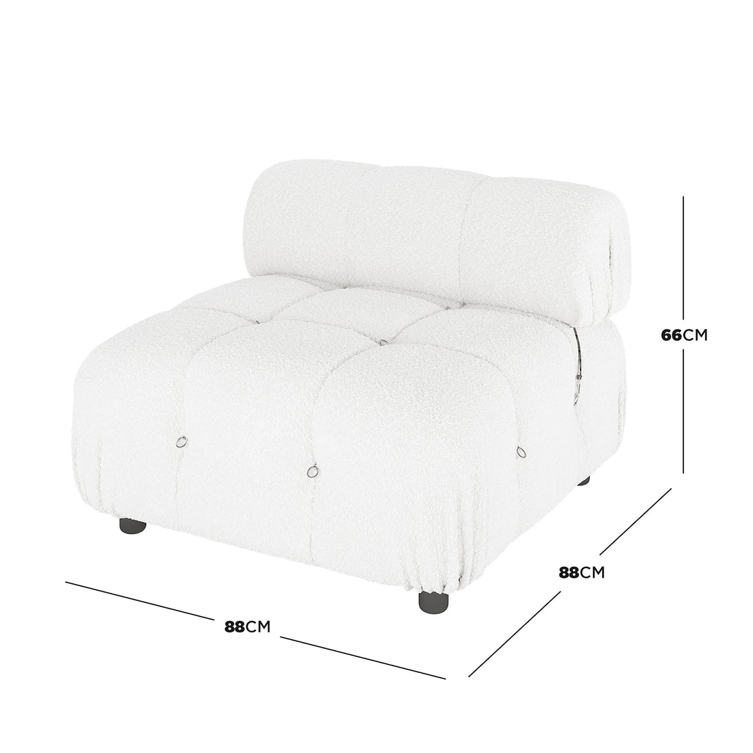 Keila Modular Tufted Boucle Single Sofa in Cream White, featuring a tufted grid pattern, cylindrical bolster back cushion, and four dark legs. Dimensions: 88 cm wide, 88 cm deep, 66 cm high.