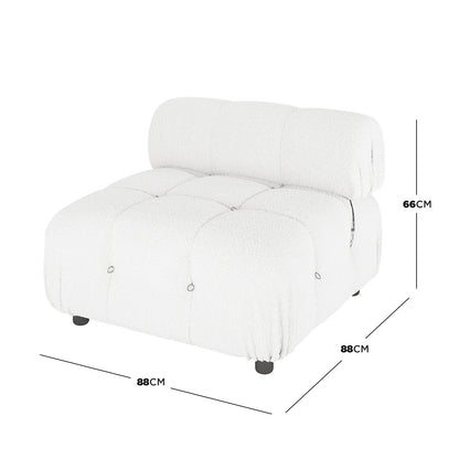 Keila Modular Tufted Boucle Single Sofa in Cream White, featuring a tufted grid pattern, cylindrical bolster back cushion, and four dark legs. Dimensions: 88 cm wide, 88 cm deep, 66 cm high.
