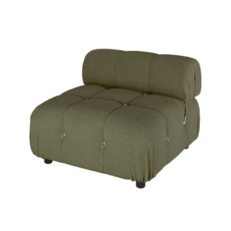 Keila Modular Tufted Boucle Single Sofa in Green features an olive-green, textured fabric with deep square tufting, a tubular back cushion, and small metal ring accents, ideal for modern spaces.