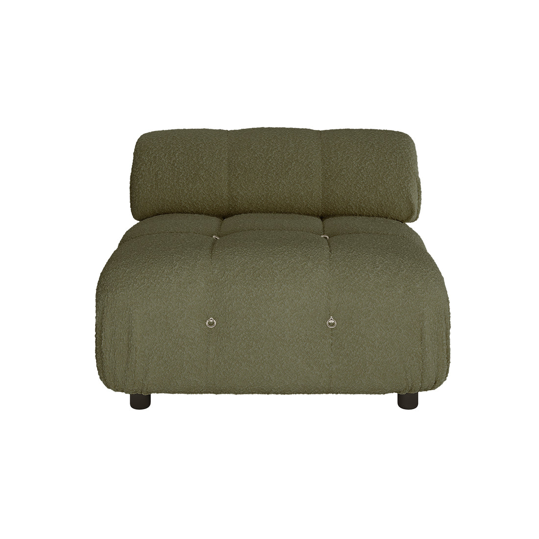 Keila Modular Tufted Boucle Single Sofa in Green, featuring olive-green boucle fabric, deep button-tufted cushioning, small black feet, and decorative metal rings, offering a versatile, modern seating solution.