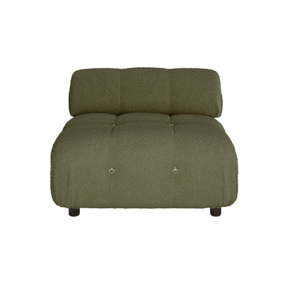 Keila Modular Tufted Boucle Single Sofa in Green, featuring olive-green boucle fabric, deep button-tufted cushioning, small black feet, and decorative metal rings, offering a versatile, modern seating solution.