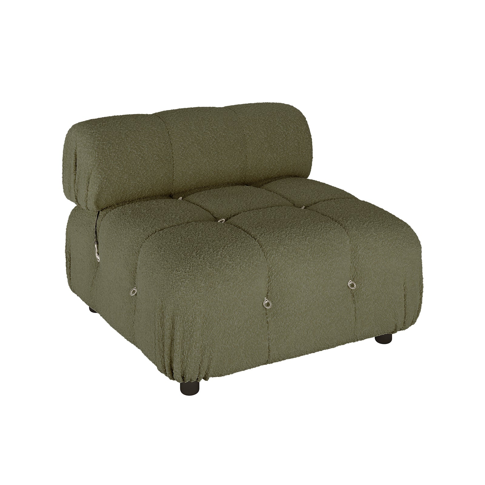 Keila Modular Tufted Boucle Single Sofa in Green featuring a textured, tufted seat and backrest, removable cover with metal rings, and a compact, armless design ideal for modern interiors.