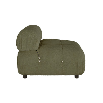 Keila Modular Tufted Boucle Single Sofa in Green, featuring a textured fabric, tufted seat, and rounded back, with metal zipper accents and short black legs, ideal for modern living spaces.