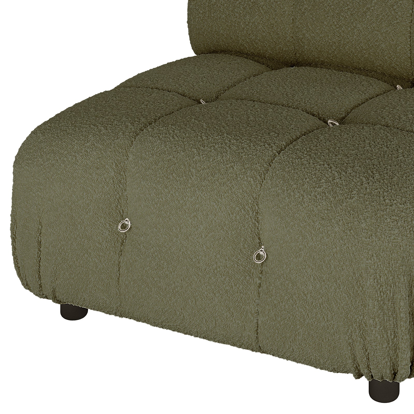 Keila Modular Tufted Boucle Single Sofa in Green, close-up of olive-green nubby fabric with deep tufting and metal ring-style buttons, showing a short black foot beneath the cushion.