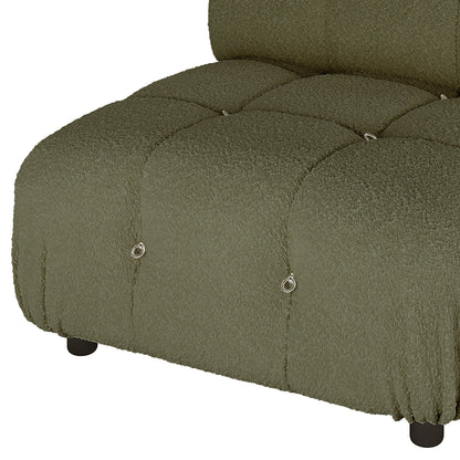 Keila Modular Tufted Boucle Single Sofa in Green, close-up of olive-green nubby fabric with deep tufting and metal ring-style buttons, showing a short black foot beneath the cushion.