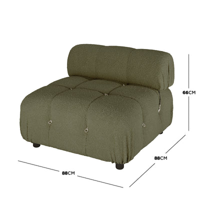 Keila Modular Tufted Boucle Single Sofa in Green features an olive-green bouclé upholstery, quilted seat with metal-ring details, and a cylindrical bolster back cushion, offering modern versatility and style.