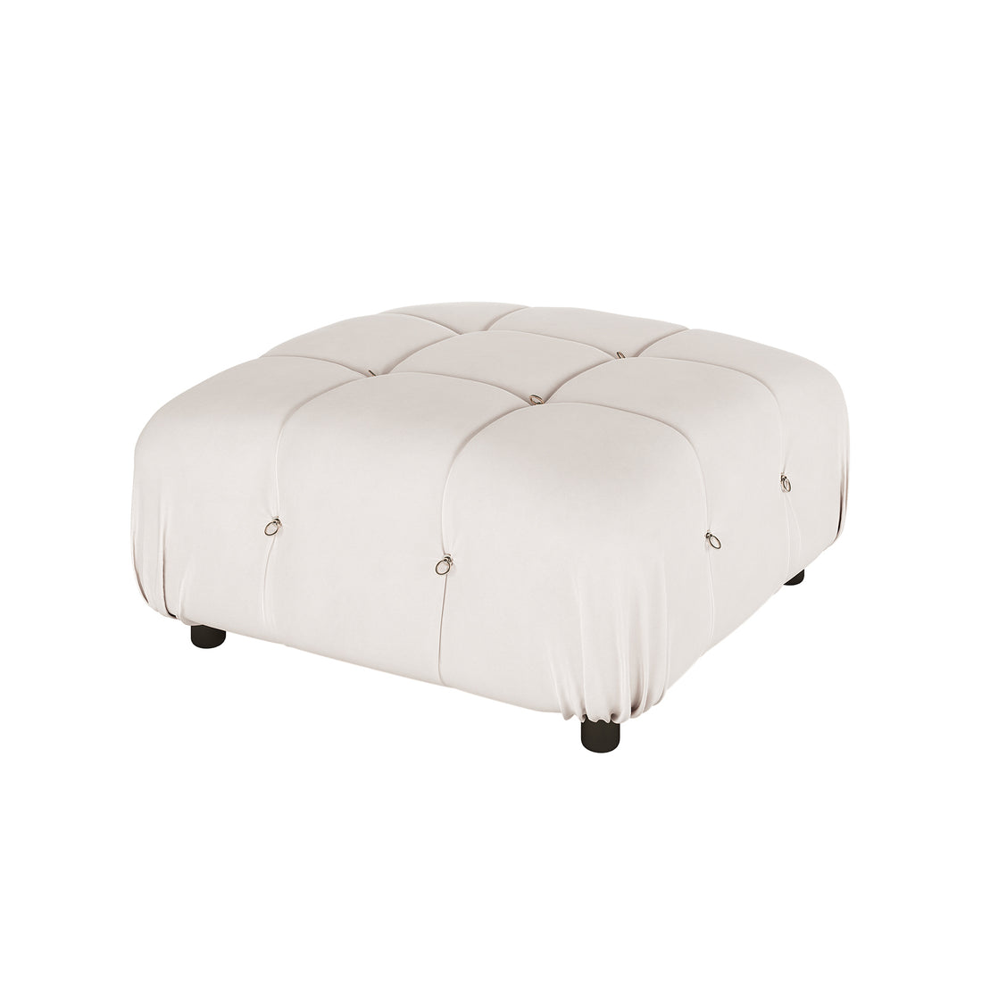 Keila Modular Tufted Velvet Ottoman in Soft Pink, featuring a tufted grid pattern with metal rings, low square design, and four short round black feet, exuding modern sophistication and versatility.