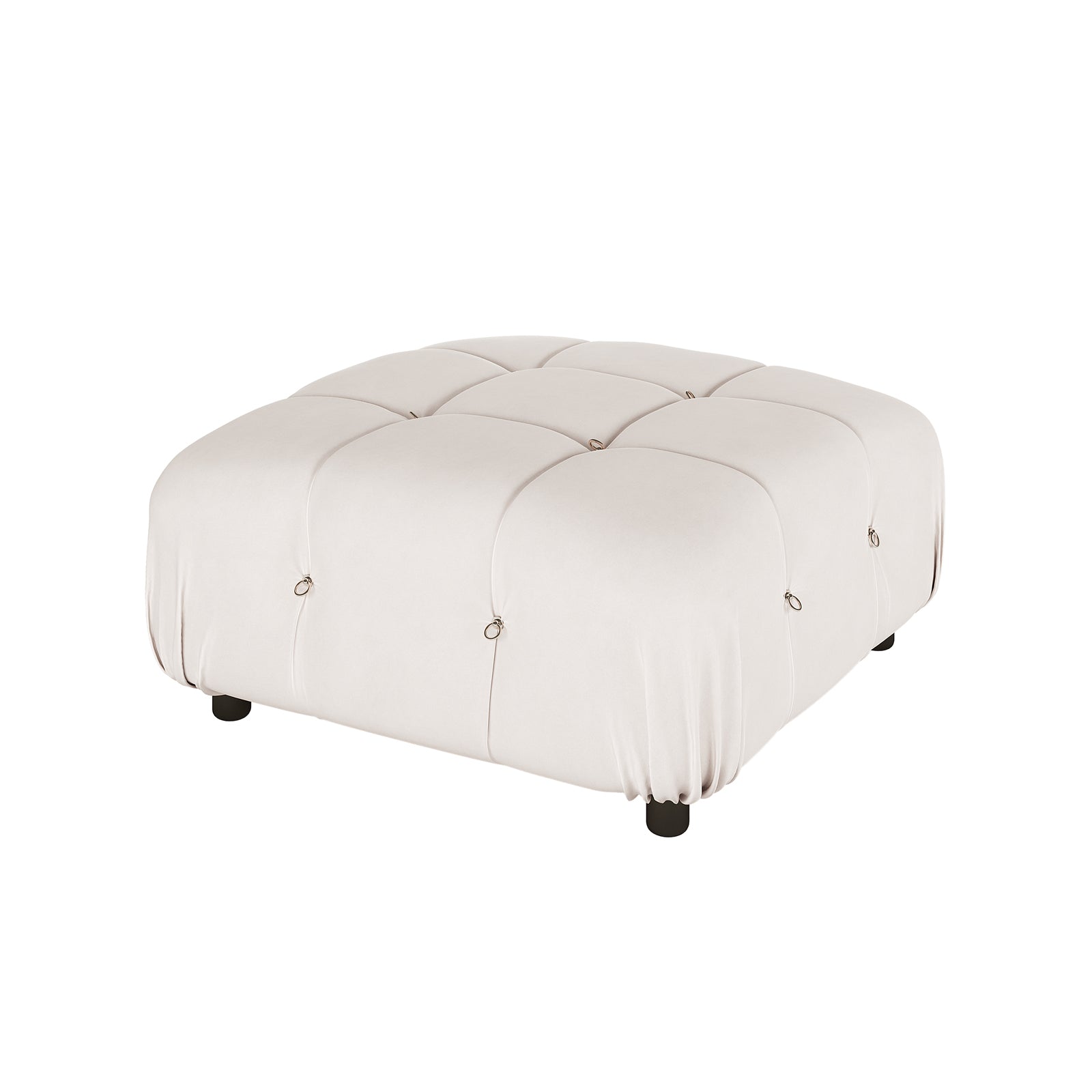 Keila Modular Tufted Velvet Ottoman in Soft Pink, featuring a tufted grid pattern with metal rings, low square design, and four short round black feet, exuding modern sophistication and versatility.