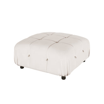Keila Modular Tufted Velvet Ottoman in Soft Pink, featuring a tufted grid pattern with metal rings, low square design, and four short round black feet, exuding modern sophistication and versatility.