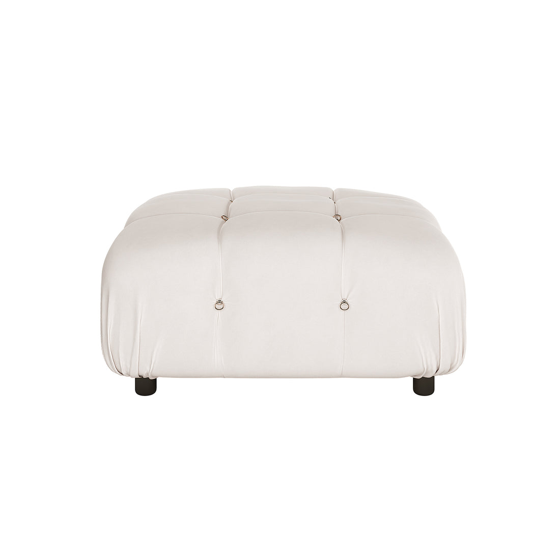 Keila Modular Tufted Velvet Ottoman in Soft Pink, showcasing a square shape with tufted grid pattern and small metal ring accents, resting on short round feet, highlighting its luxurious and modern design.
